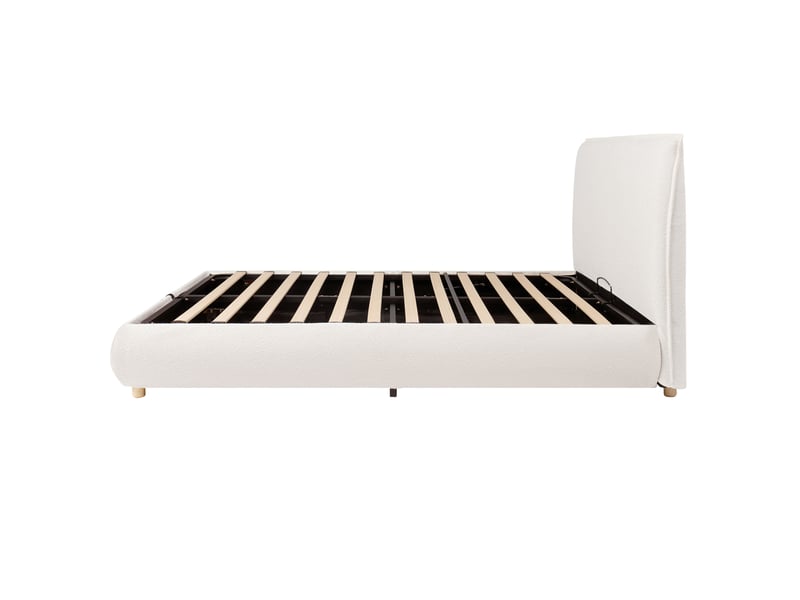  Lit coffre hydraulique 180x200 cm blanc en bouclé avec sommier, grand rangement, tête de lit rembourrée et pieds en bois massif  - Conforama D