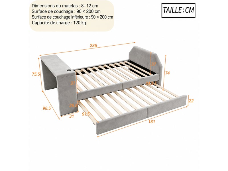 Lit enfant 90 x 200 cm rembourré en velours avec bureau, usb et lit gigogne - Conforama C
