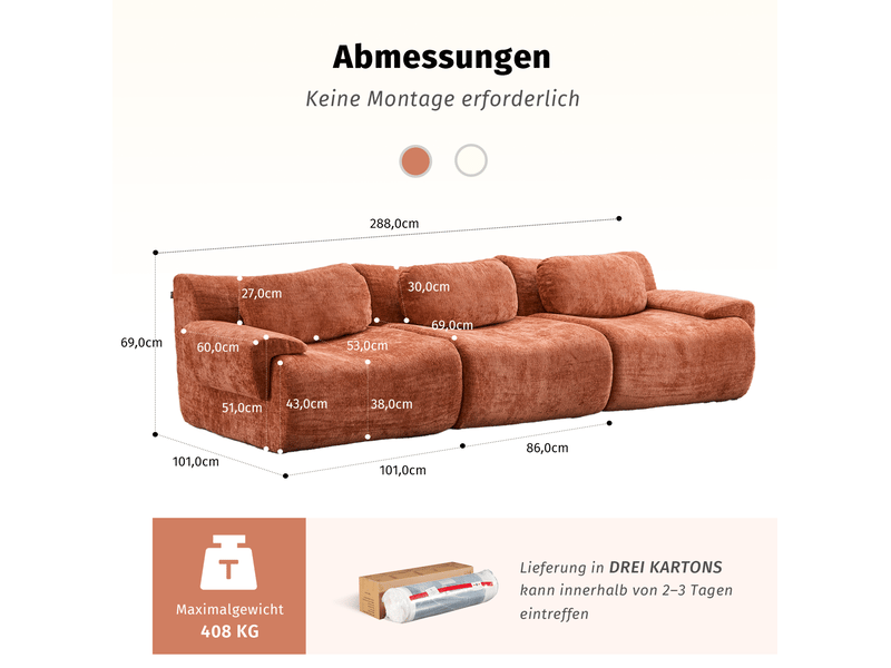  Canapé droit 3 places modenvie design ondulé en chenille orange 288 x 101 x 69 cm  - Conforama C