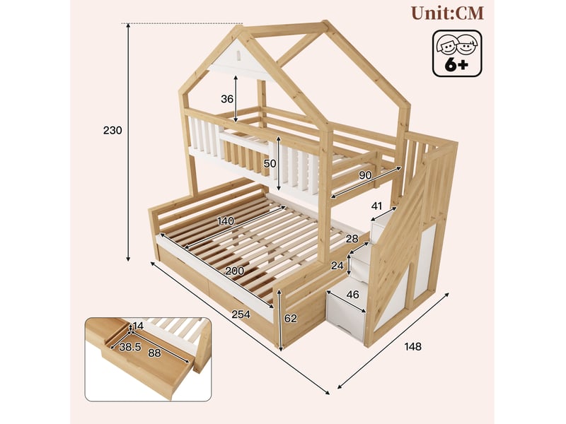  Lit superposé enfant 90x200 et 140x200 avec escalier et rangements evryae  - Conforama E