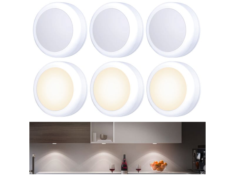  Lot de 6petits spots led tactiles, adhésifs, à piles, intérieur, armoires, armoires, armoires de cuisine, blanc chaud  - Conforama A