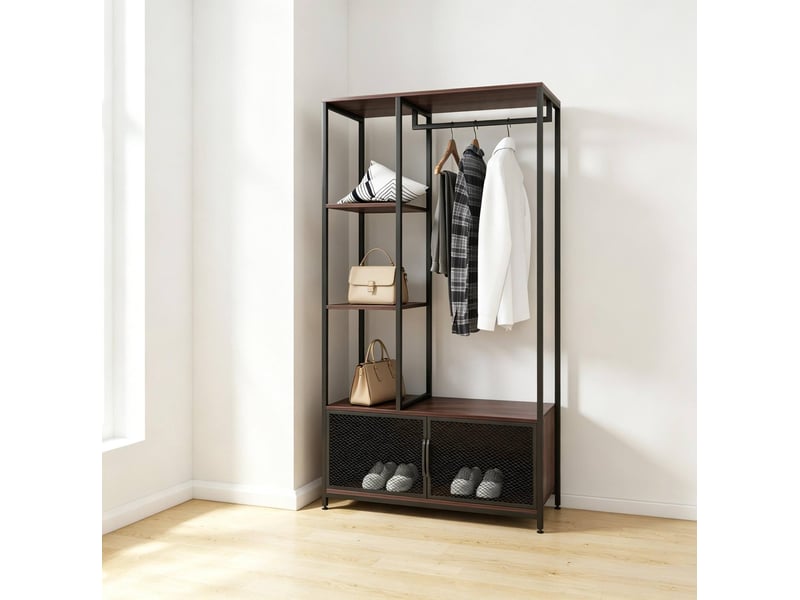  Vestiaire d’entrée ouverte noire avec étagères, tringle et pieds réglables  - Conforama E