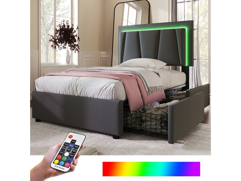  Lit 1 personne 90x200 cm avec tête de lit réglable en hauteur, cadre de lit avec led et 2 tiroirs, gris, lit enfant avec matelas  - Conforama C