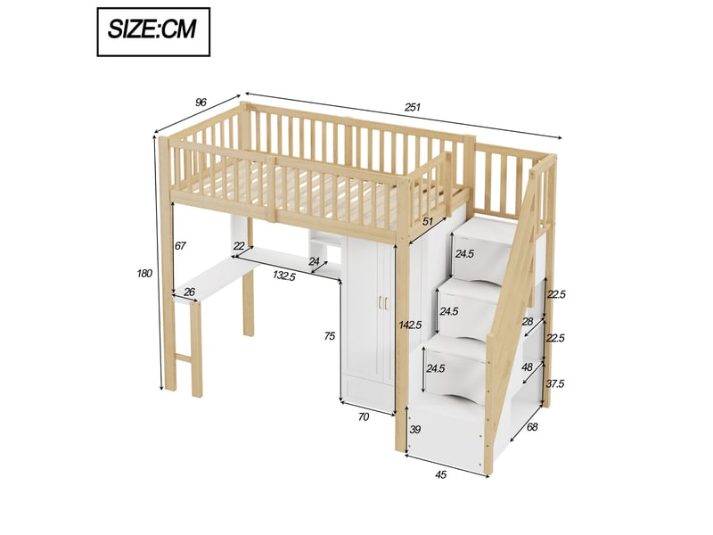  Lit mezzanine 90x200 cm, lit enfant avec armoire, bureau et tiroir, lit 1 place, bois, blanc et naturel, sans matelas  - Conforama C