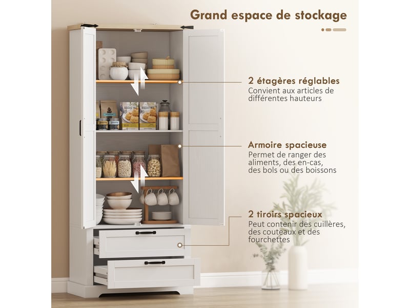  Buffet haut cuisine, armoire de cuisine avec 2 portes, 2 tiroirs, étagères réglables, style rustique, blanc, 76x40x180cm  - Conforama A