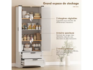 Buffet haut cuisine, armoire de cuisine avec 2 portes, 2 tiroirs, étagères réglables, style rustique, blanc, 76x40x180cm