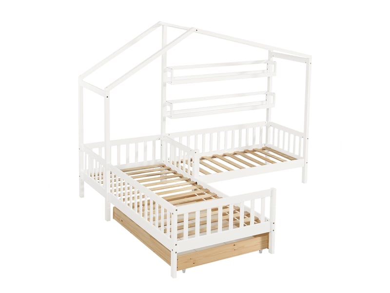  Lit cabane pour enfant avec tiroirs et étagères, bois massif avec barrière et sommier à lattes, structure en l, blanc (90x200 cm + 140x70 cm)  - Conforama D