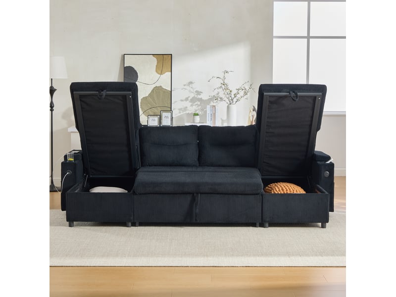  Canapé panoramique 4 places en velours côtelé noir avec rangement et usb-c  - Conforama E
