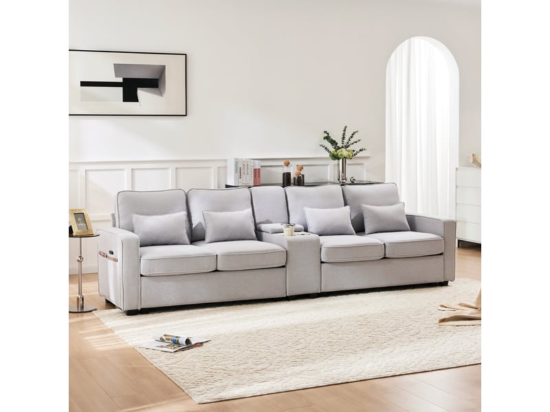 Canapé droit 4 places 290x83x88 cm avec console intégrée, 2 porte-gobelets, 2 ports usb et poches de rangement, lin, gris  - Conforama W