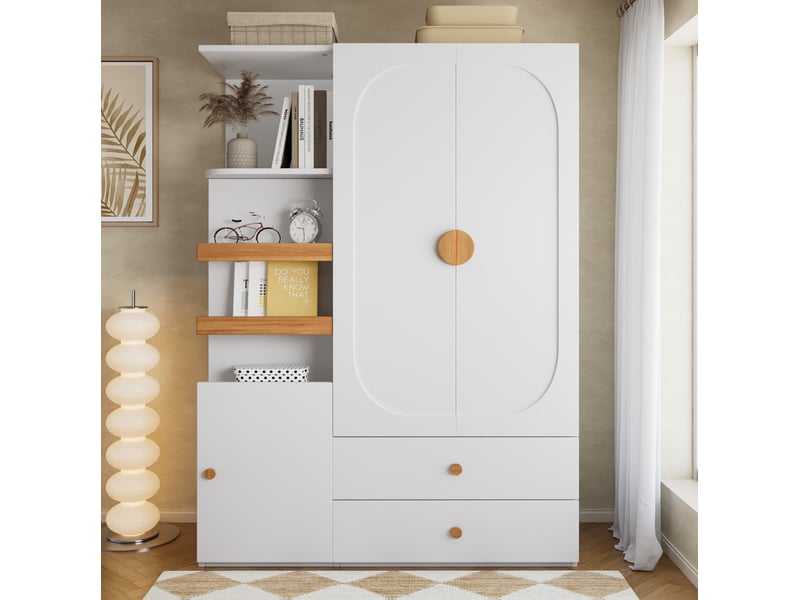  Armoire de rangement 125x50x180 cm avec 3 portes et 2 tiroirs, penderie en mdf couleur blanc et naturel  - Conforama D