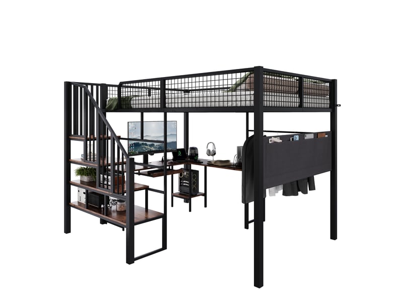 Lit mezzanine enfant 140x200 cm – noir et vintage – bureau d'angle, escalier et port de charge – sans matelas - Conforama A
