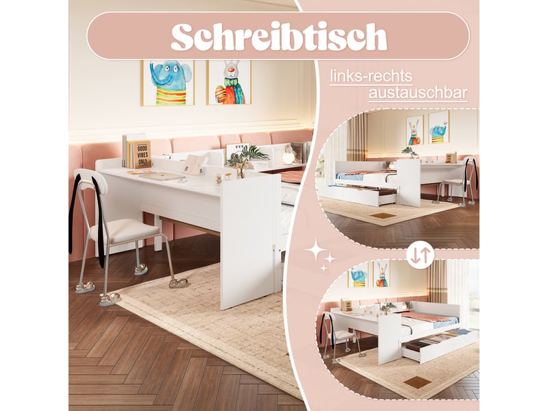  Lit double 140x200 en bois blanc avec bureau intégré et 2 tiroirs  - Conforama E