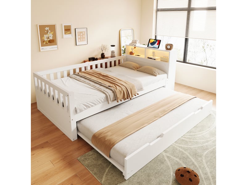  Lit gigogne avec rangement 90x200cm led usb et barrières sécurité - bois - blanc CozyNest - Conforama E