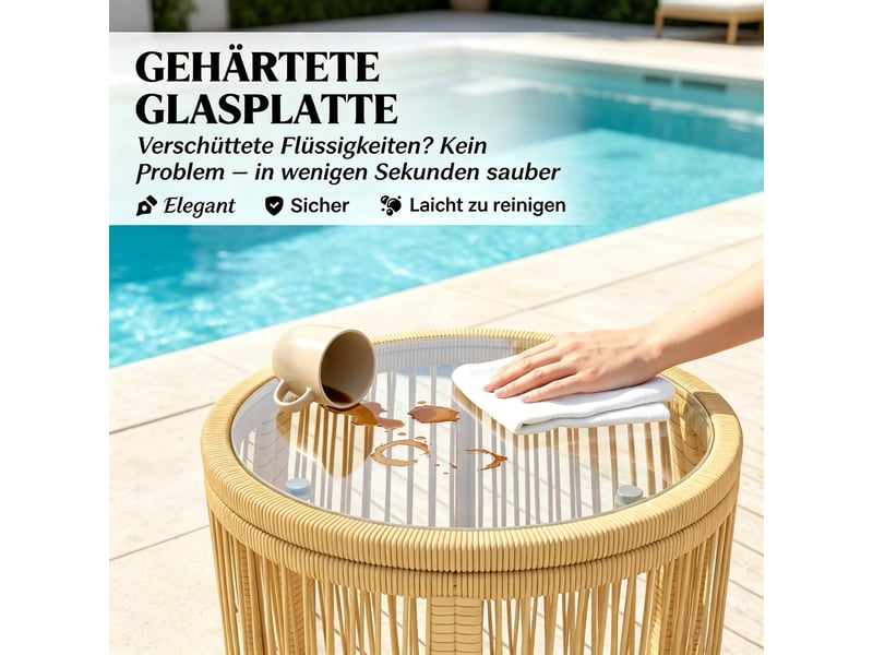  Salon de jardin avec 2 fauteuils, 1 table ronde et 2 coussins, acier, rotin synthétique et verre trempé, beige  - Conforama E