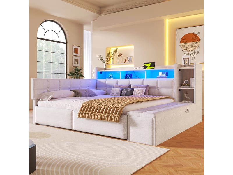  Lit de jour 140 × 190 cm avec deux tiroirs, usb type-c, étagère, led, sans matelas, velours blanc, style moderne  - Conforama E