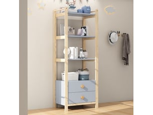 Bibliothèque avec 3 étagères ouvertes et 2 tiroirs, en pin et mdf bleu, pour salon ou chambre, 70 × 44 × 180 cm
