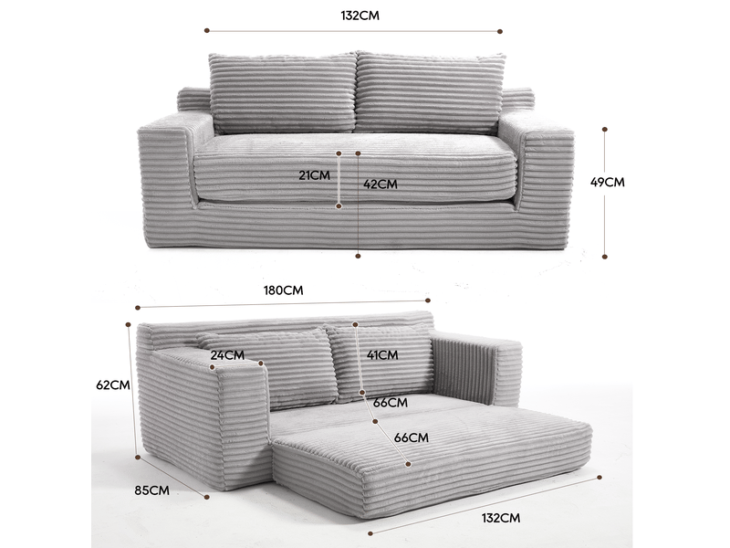  Canapé convertible 2 places 132x85x62 cm gris clair en tissu côtelé, couchage d'appoint pour petits espaces  - Conforama C