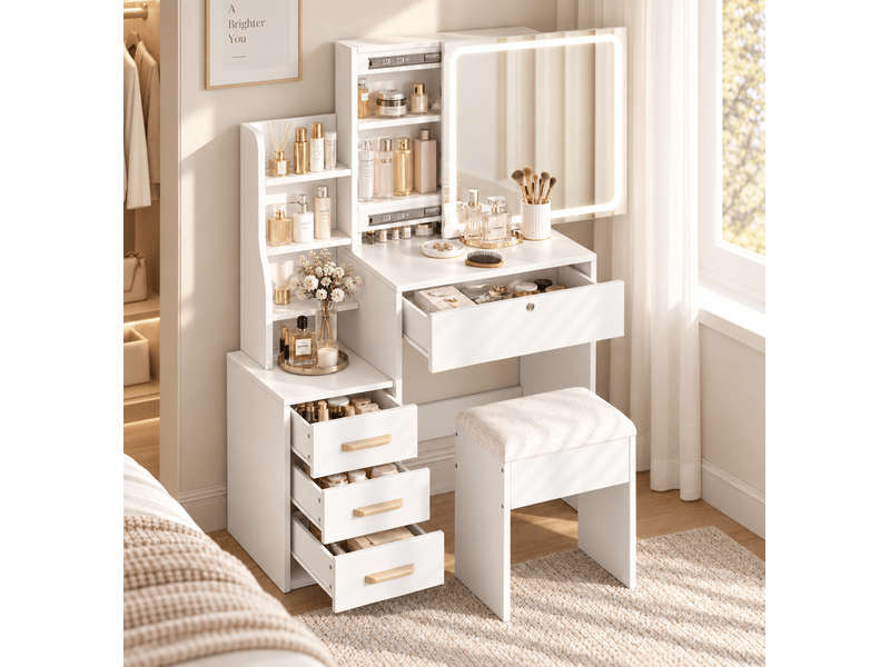  Coiffeuse avec miroir led, avec tabouret et 4 tiroirs, panneaux de particules, meuble coiffeuse chambre moderne l85xh130 cm, blanc  - Conforama C