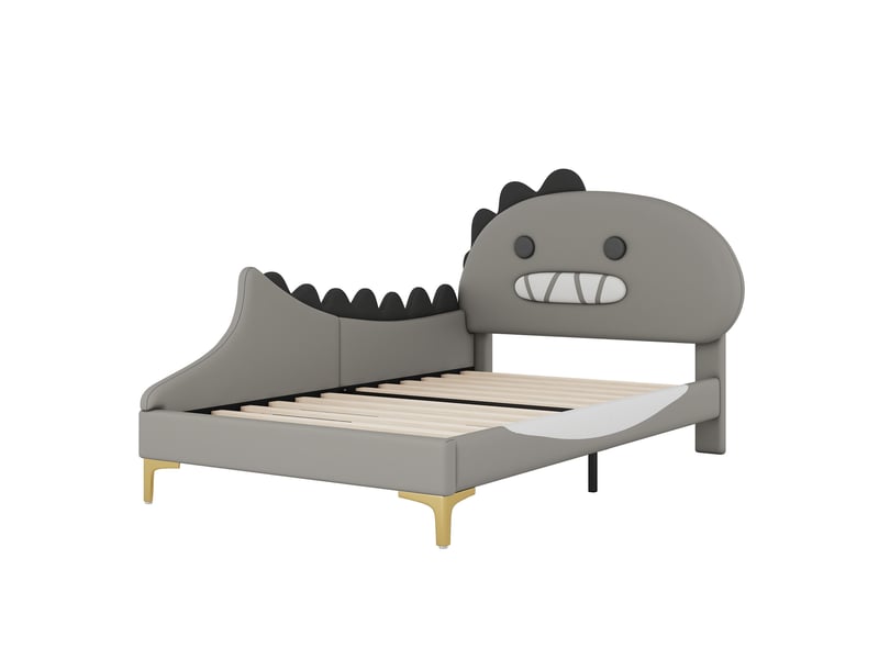  Lit enfant 90x200 cm en pu et mdf, forme dinosaure cartoon, tête ludique et entretien facile, gris, sans matelas  - Conforama R