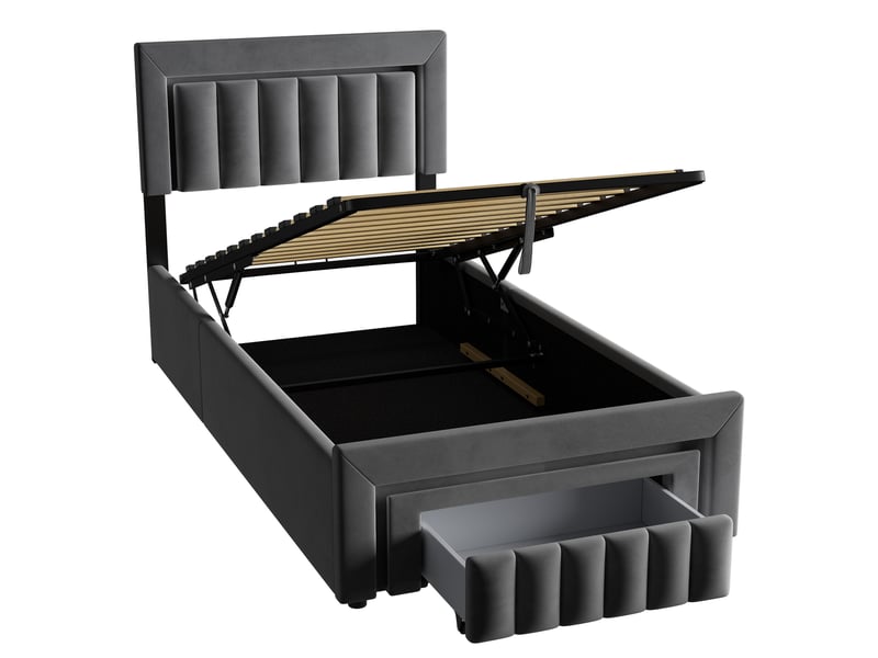 Lit enfant 90x190, lit rembourré avec éclairage led, lit simple avec tiroirs, cadre de lit avec grand espace de rangement, gris foncé (sans matelas)  - Conforama D