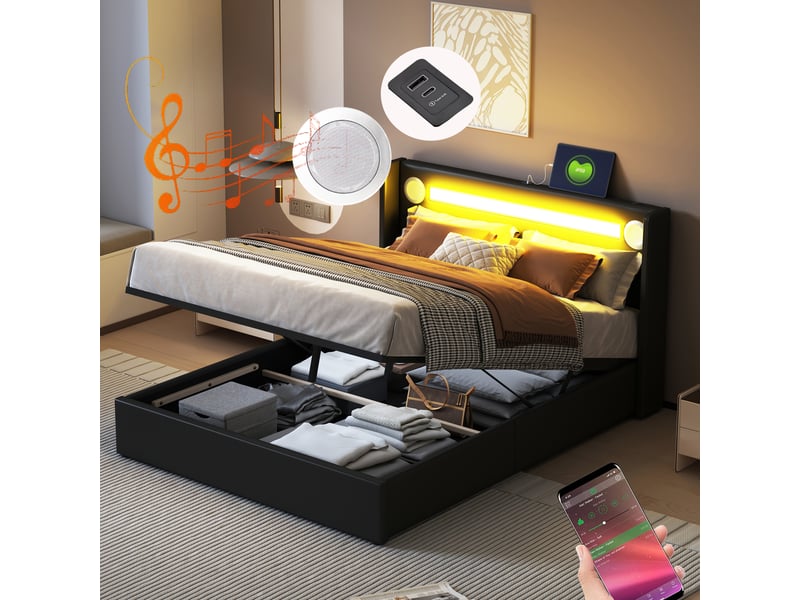  Lit capitonné 160x200 cm noir en simili cuir, led, bluetooth, usb et coffre de rangement.  - Conforama C