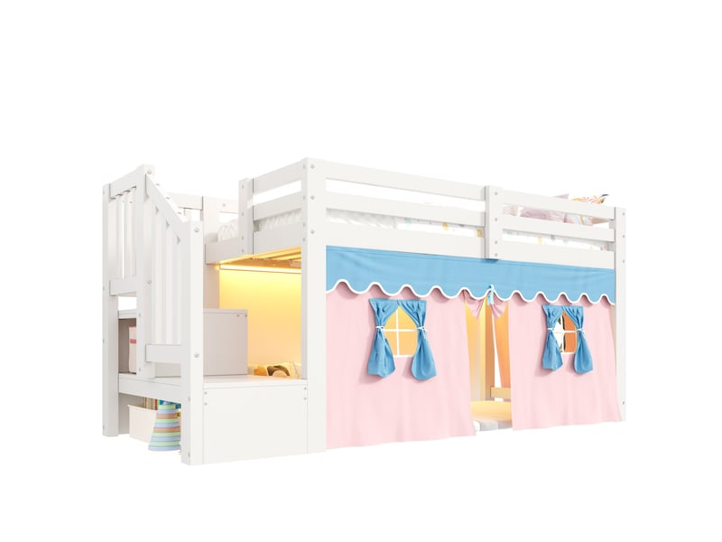  Lit mezzanine semi-haut 90x200 cm avec rangement et led, coloris blanc  - Conforama A