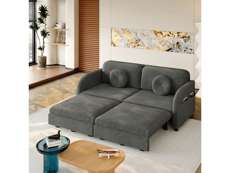  Canapé-lit couple queen-size extensible noir en chenille avec coussins et poches  - Conforama D
