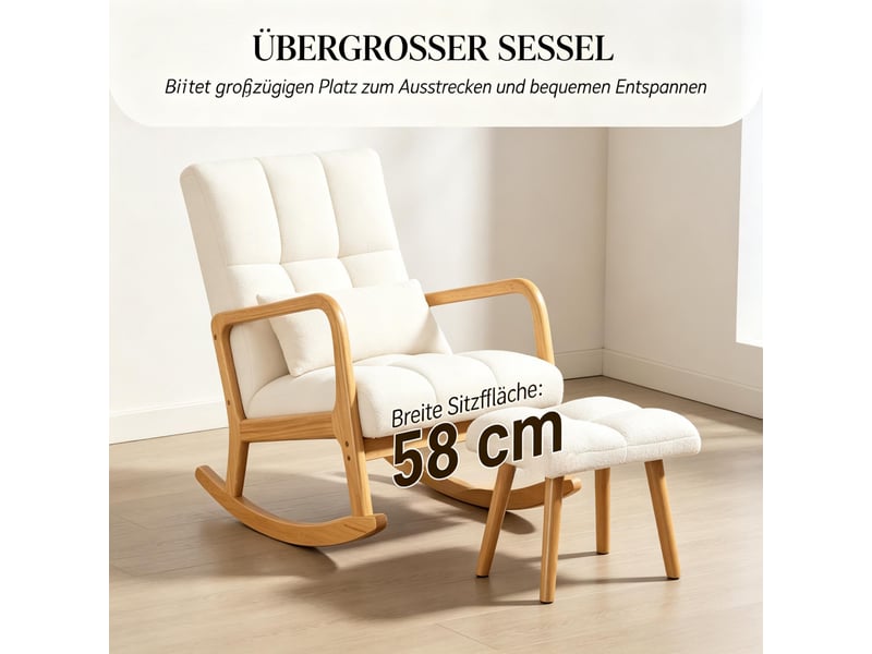  Fauteuil à bascule en tissu bouclette avec repose-pieds et pieds en bois  - Conforama E