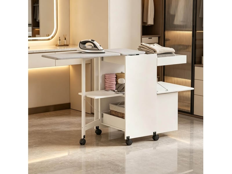  Meuble à repasser pliable 154x55x87 cm en mdf et lin avec rangement et roulettes chicfurn  - Conforama B