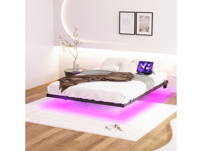  Lit plateforme flottant 140x190 cm avec éclairage led, ports usb et structure métallique noire, sommier inclus  - Conforama B