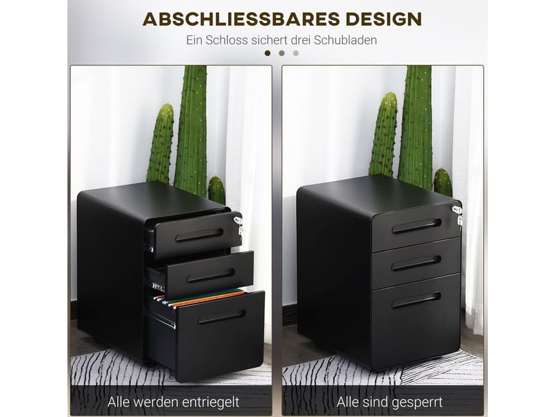  Caisson de bureau mobile 39 x 48 x 59 cm – noir – 3 tiroirs avec serrure et roulettes en acier  - Conforama E