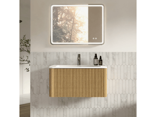 Ensemble meuble de salle de bain 80 cm avec vasque, miroir led 60x80 cm, chêne