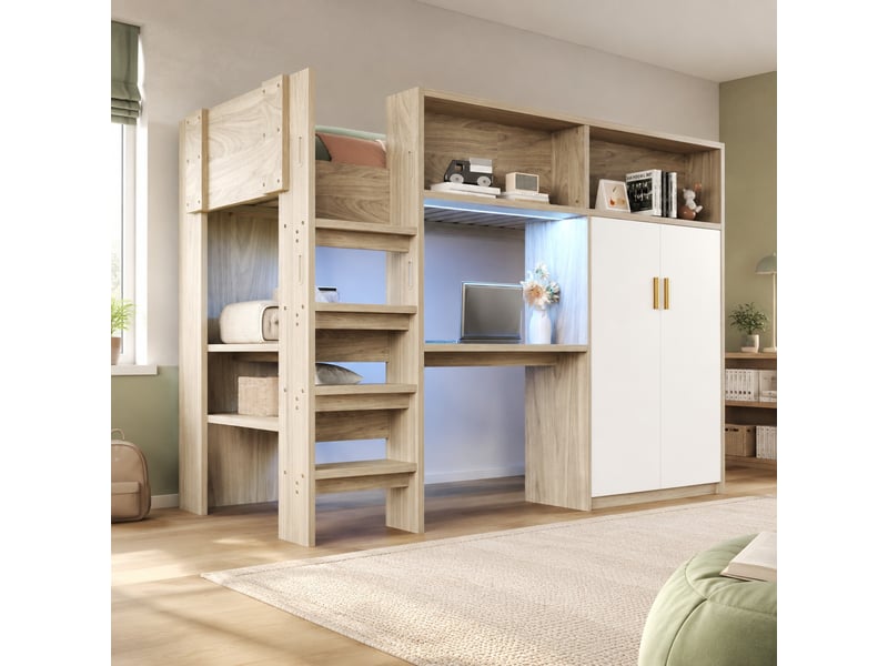 Lit mezzanine 90x200 cm avec bureau, armoire, rangements et sommier à lattes - Conforama B