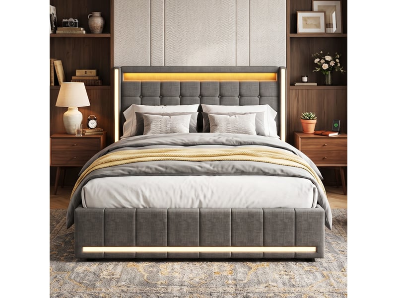 Dreammespace lit double adulte 140x200 cm avec 4 tiroirs et prises usb type-c cadre led multicolore sommier à lattes tissu lin gris foncé DreamMespace - Conforama B