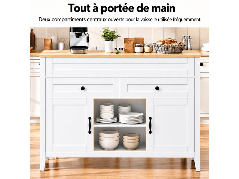  Îlot de cuisine avec table escamotable muvano, blanc et aspect bois clair, 120 × 40–76 × 92 cm  - Conforama R