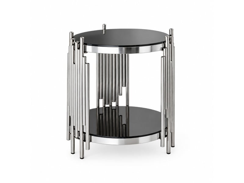  Table basse fixe ronde avec 2 plateaux de rangement, cadre inox pour salon, noir et argent, 56,5 × 51 × 27 cm  - Conforama A