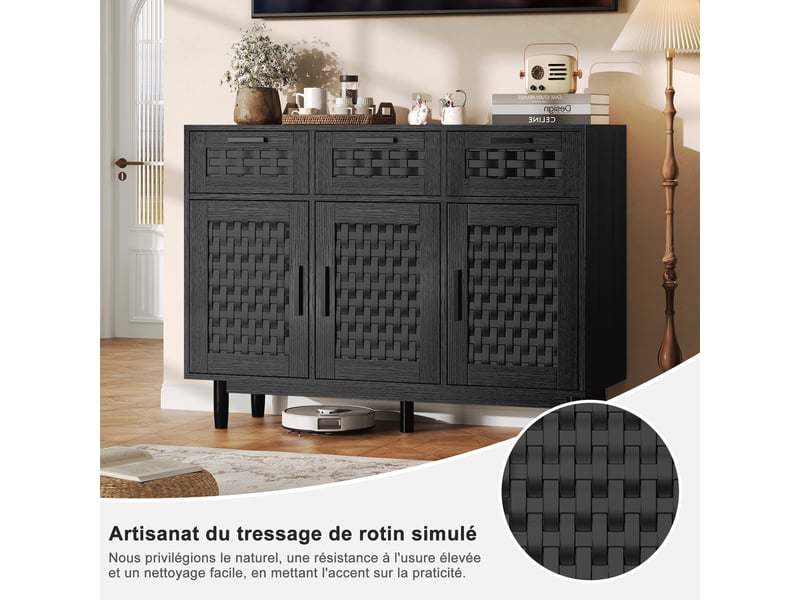  Commode 3 tiroirs et 3 porte, meuble de rangement avec conception anti-basculement et cadre en bois, commode en rotin buffet, 115x40x80 cm, noir  - Conforama R