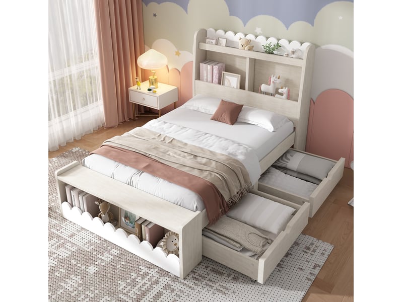  Lit enfant avec rangement 90 x 200 cm blanc et chêne clair  - Conforama D