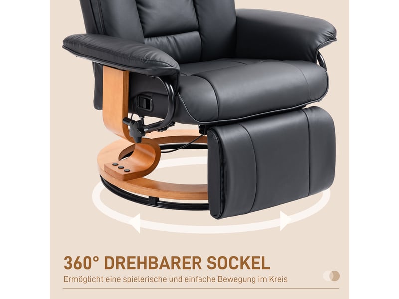  Fauteuil relax inclinable noir, fauteuil avec repose-pieds, pivotant à 360 degrés, simili cuir pour salon et bureau  - Conforama E