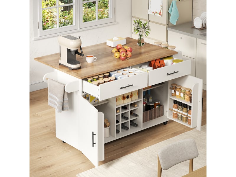 Îlot de cuisine mobile pliable avec rangement, chariot à roulettes, 2 tiroirs et porte-bouteilles - Conforama D