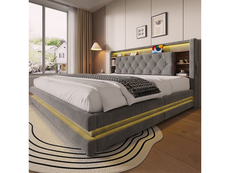  Lit coffre tcqpz 180 x 200 cm led usb type-c velours gris foncé  - Conforama D