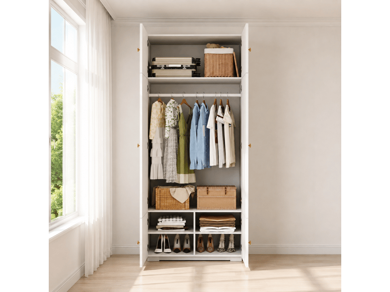 Armoire de chambre blanche 90x50x200 cm avec 1 penderie et 5 compartiments, portes battantes - Conforama D