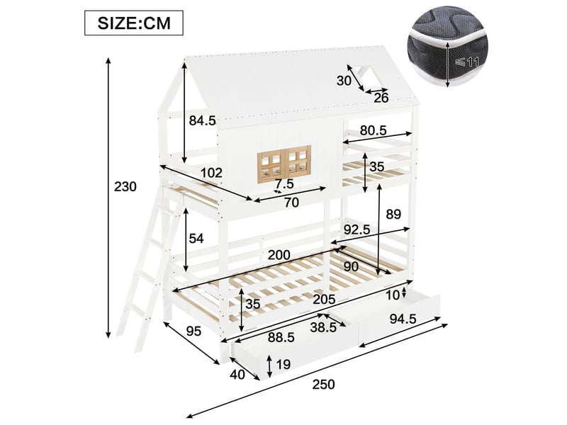  Modenvie lit superposé enfant 90x200 cm - avec toit, fenêtres et 2 tiroirs, sans matelas - blanc  - Conforama C