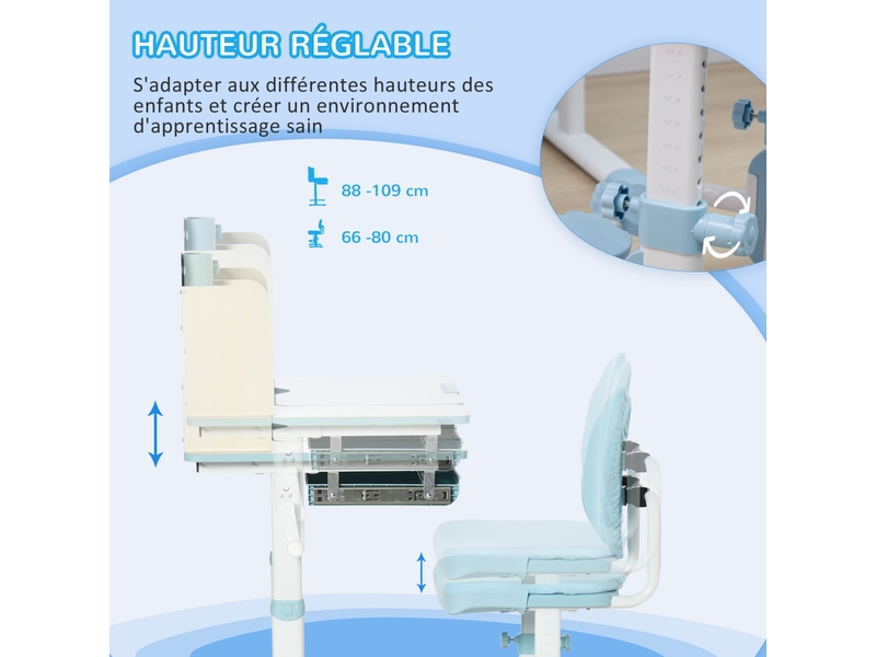  Ensemble bureau et chaise pour enfants hauteur réglable et plateau inclinable 0-60° table bleu 80 x 52 x 88-109 cm  - Conforama A