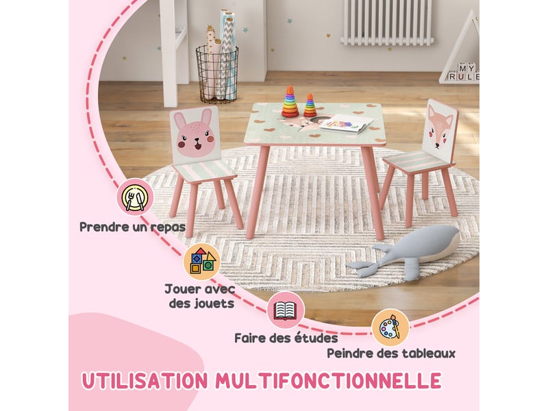  Ensemble table et chaises pour enfants, table pour enfant avec 2 chaises, motif animaux pour chambre à coucher rose  - Conforama D