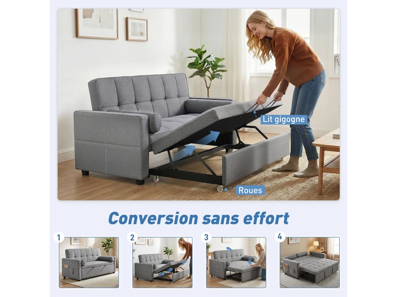 Canapé convertible 2 places 3 en 1 canapé-lit avec lit gigogne double dossier réglable 2 coussins gris 80,5x137,5x84cm - Conforama D