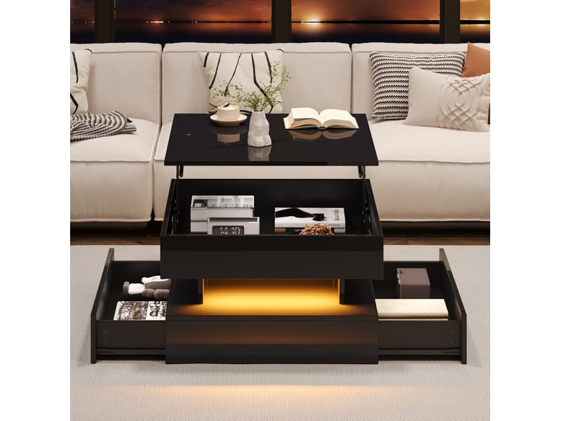  Table basse relevable carrée 65 x 65 x 38,5 cm, plateau 52,5 cm, 2 tiroirs, bande led, panneau particules, noir  - Conforama R