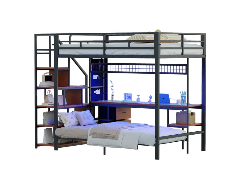  Lit mezzanine 247x144,5x170 cm avec bureau, led et rangements noir  - Conforama A