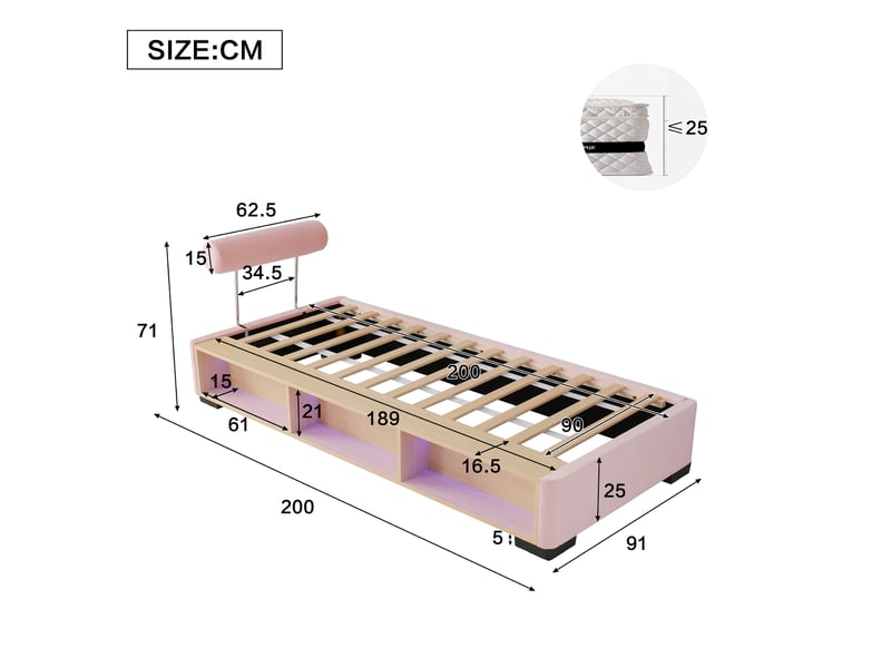  Lit enfant rembourré modenvie 90 x 200 cm rose avec étagère latérale led, rangement ouvert et appuie têtes montables sur 3 côtés  - Conforama C