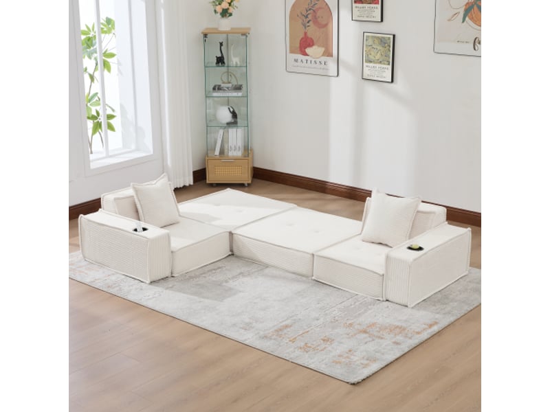 Canapé-lit double en tissu - 2 places, 2 coussins, pouf équipé de rangements, porte-verres, coin lecture idéal - Conforama E